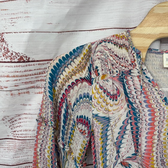 Maeve Anthropologie Shirt Womens Medium Smocked Cropped Blouse Bell Sleeve Swirl - Picture 7 of 13